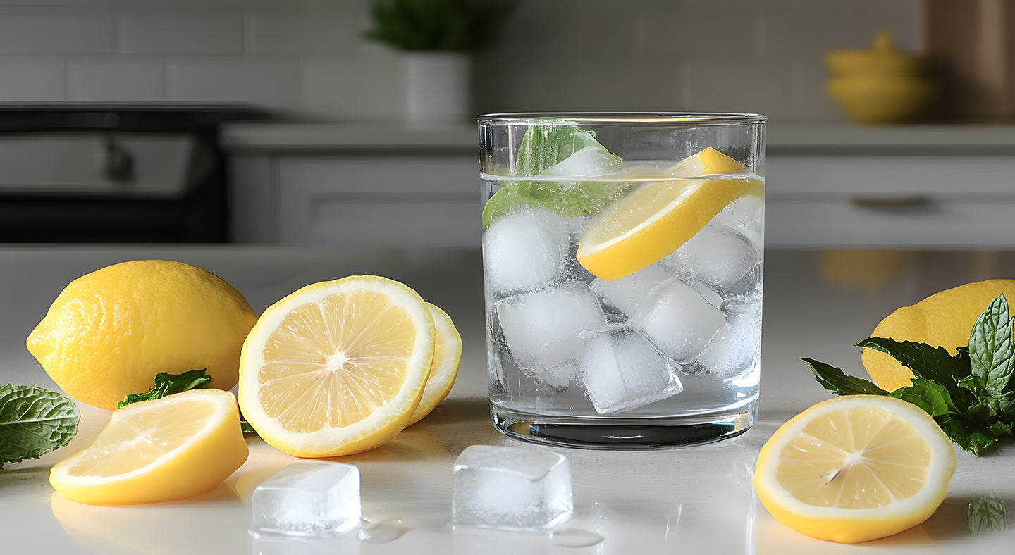 Glass of lemon water with ice cubes on a kitchen counter with lemons and mint leaves.