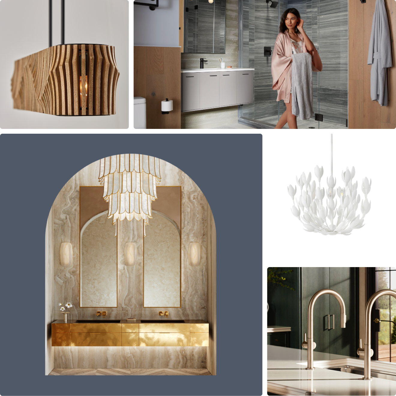 Collage of bathroom fixtures and decor including a chandelier, mirror, and sink.