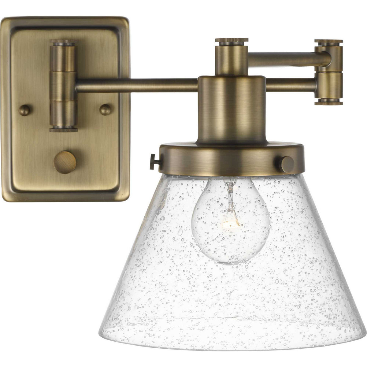 Hinton 12 in Swing Arm Wall Light with Clear Seedy Glass Shade