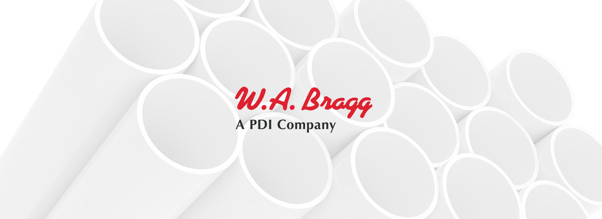 W.A. Bragg logo in red on top of a stack of white PVC pipe