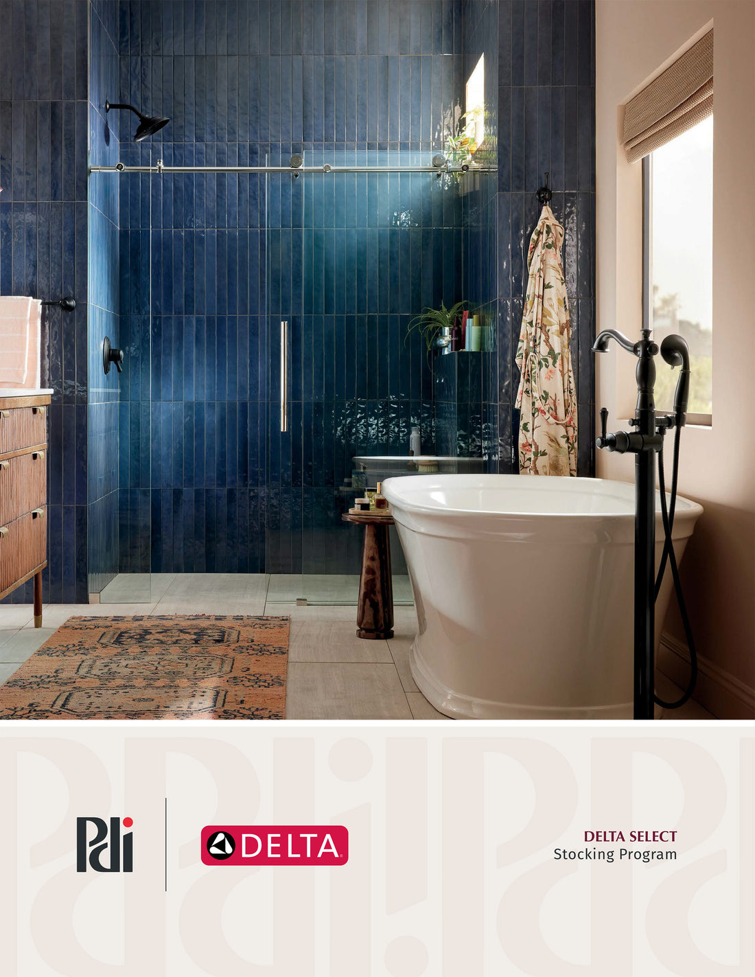 Cover of the PDI Delta Stocking Brochure with a modern bathroom with blue tiled shower and a freestanding bathtub on the right side 