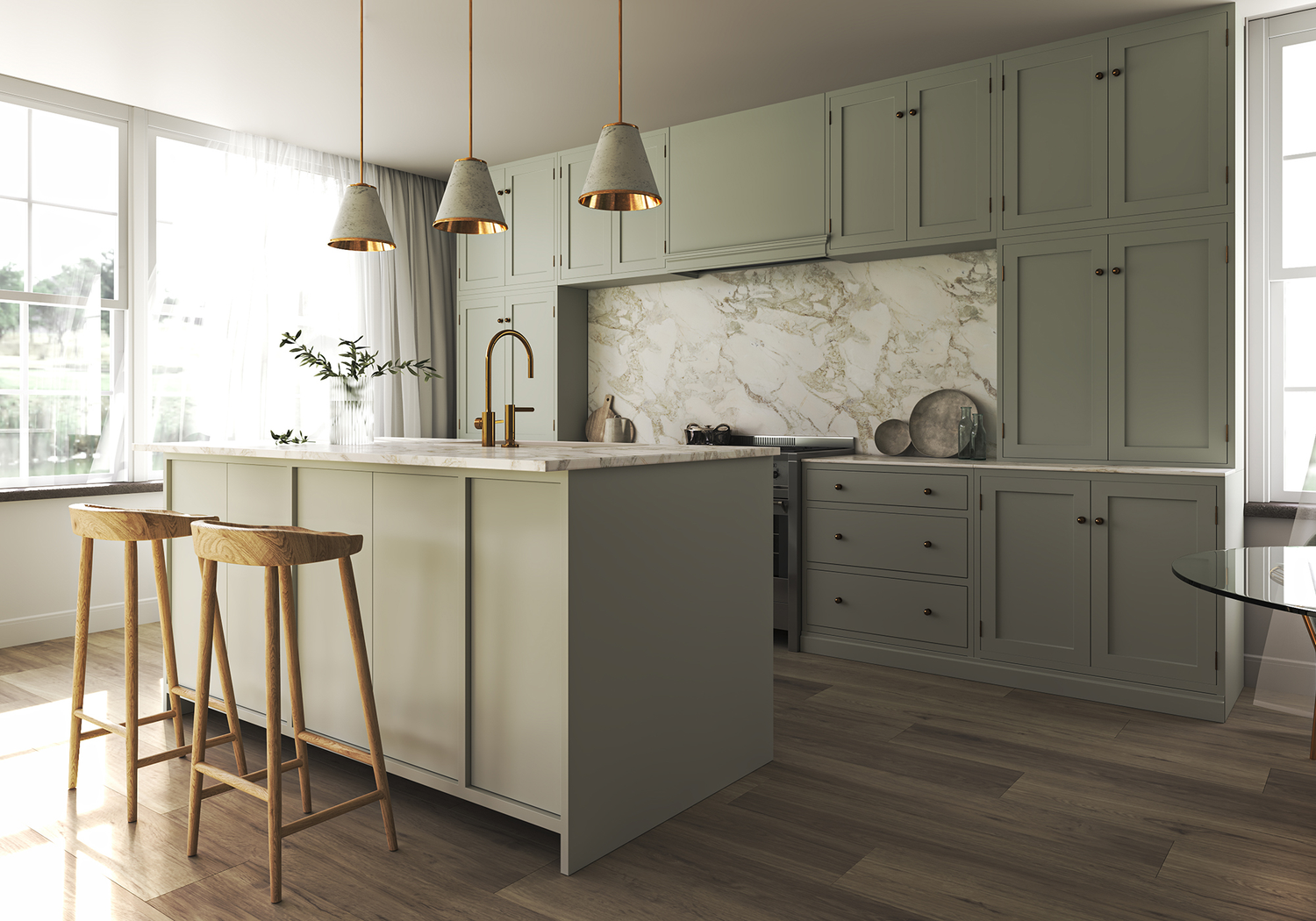 Modern kitchen with green cabinets, marble backsplash, and wooden stools.