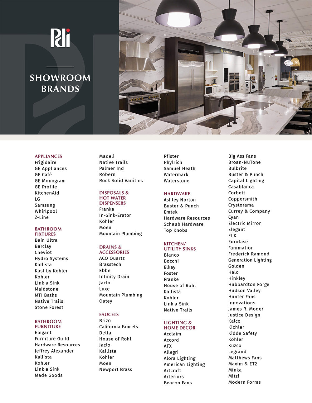 List of showroom brands sold at PDI Kitchen Bath and Lighting