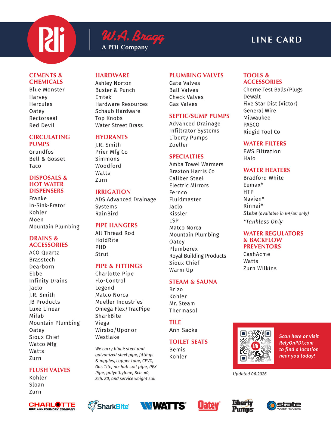 PDI and W.A. Bragg line card with various product categories and brand logos.