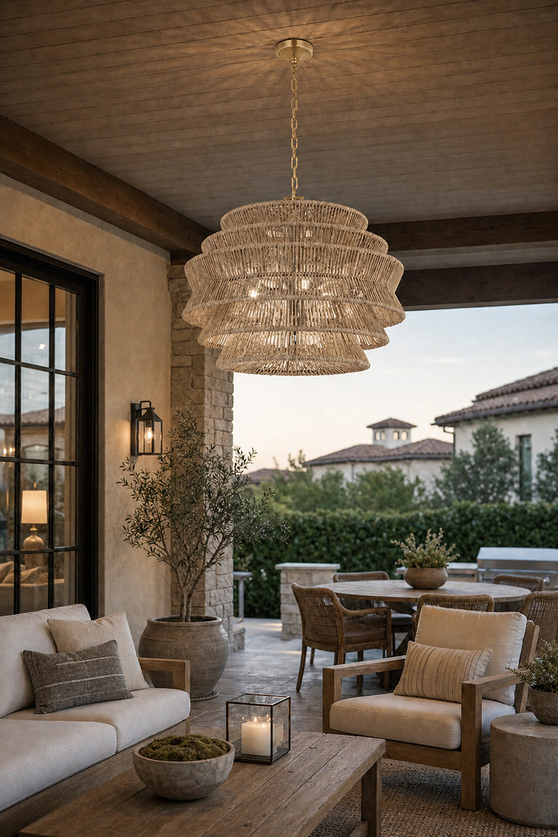 A large, tiered wicker chandelier hangs from a wooden ceiling on an outdoor patio with houses in the background. 