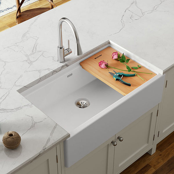 Quartz Luxe Single Bowl Apron Farmhouse Workstation Sink with Perfect Drain