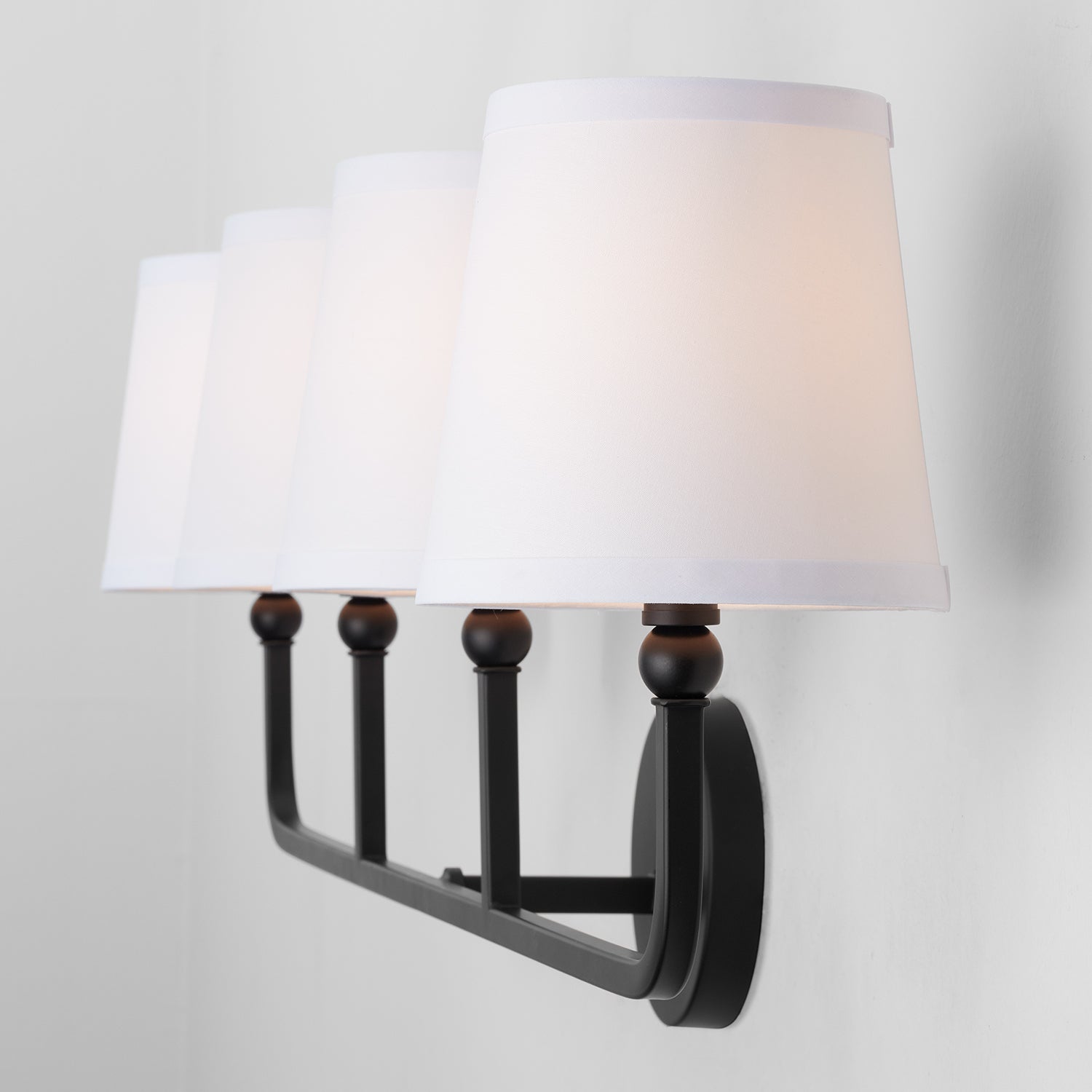 Dawson 4-Light 35-1/4 in Bathroom Vanity Light with White Fabric Shades