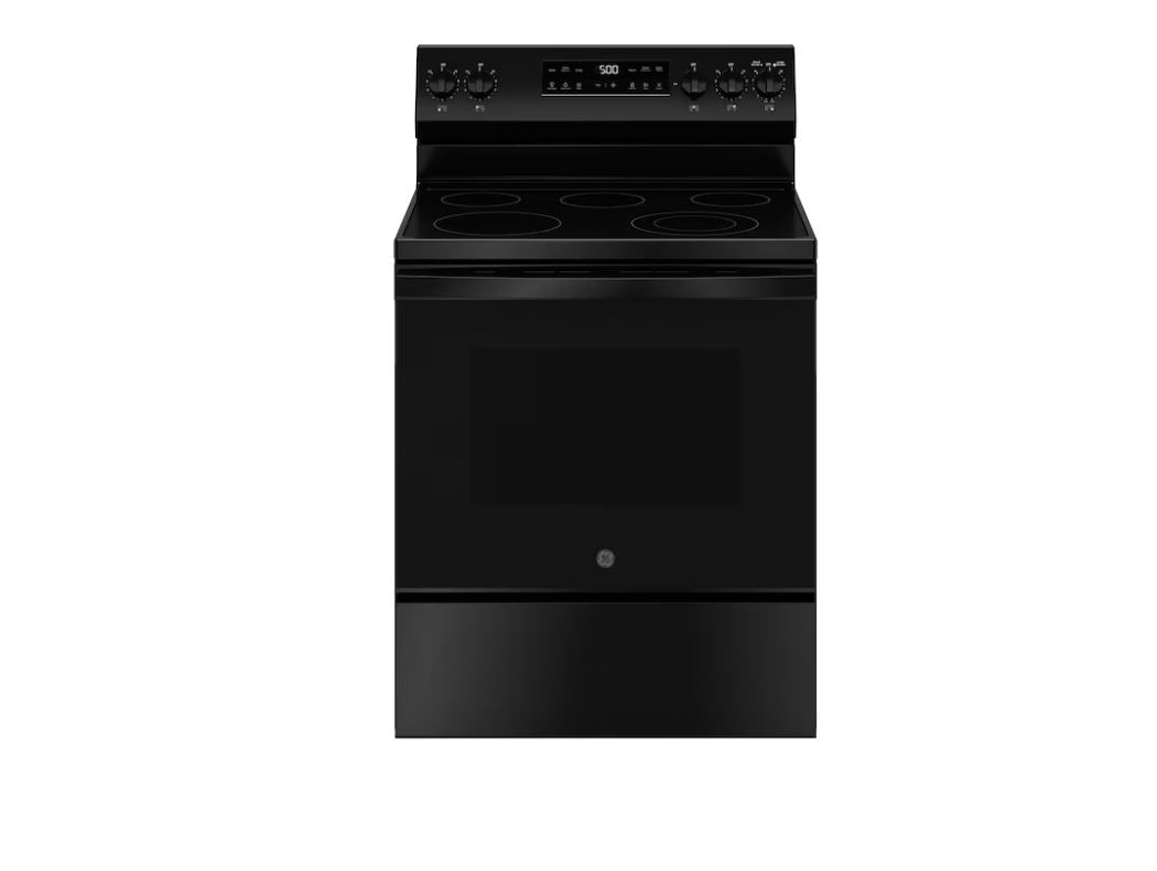 GE 30 in Glass Top 5 Burners 5.3-cu ft Air Fry Freestanding Electric Range, Black